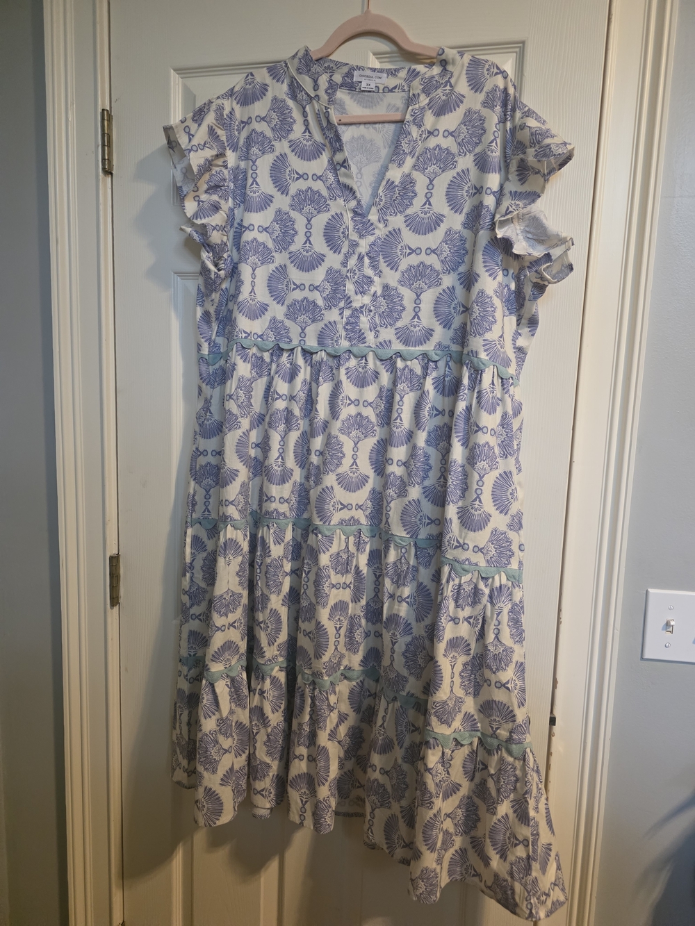 Blue and White Printed Tiered Midi Dress